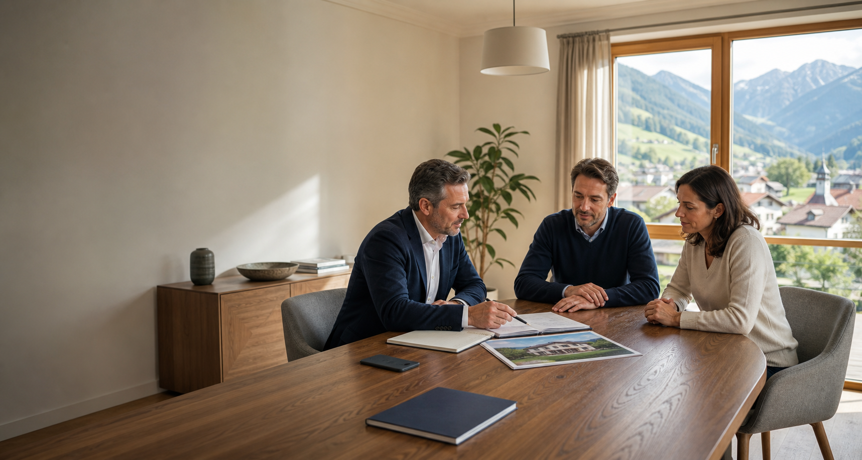 Ruhiges Beratungsgespraech zu Immobilienunterlagen, Wohnrecht und finanzieller Vorsorge.