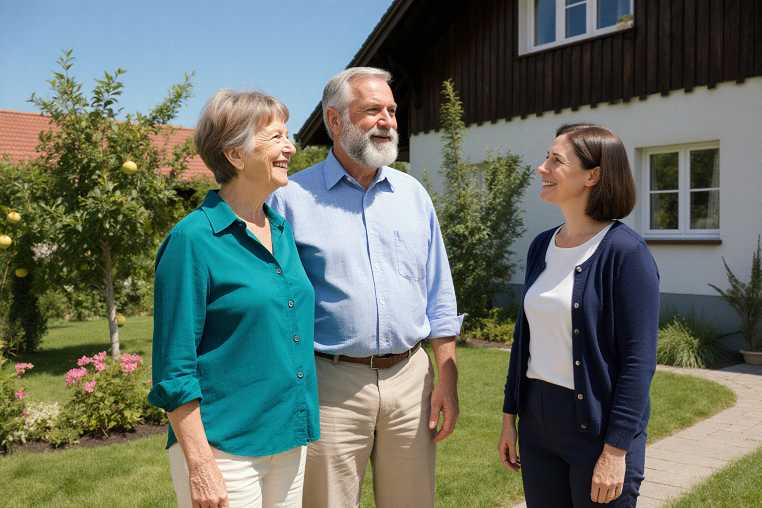 Eigentümerpaar und Ansprechpartnerin vor normalem Haus/Garten, vollständige Köpfe und natürliche Hände