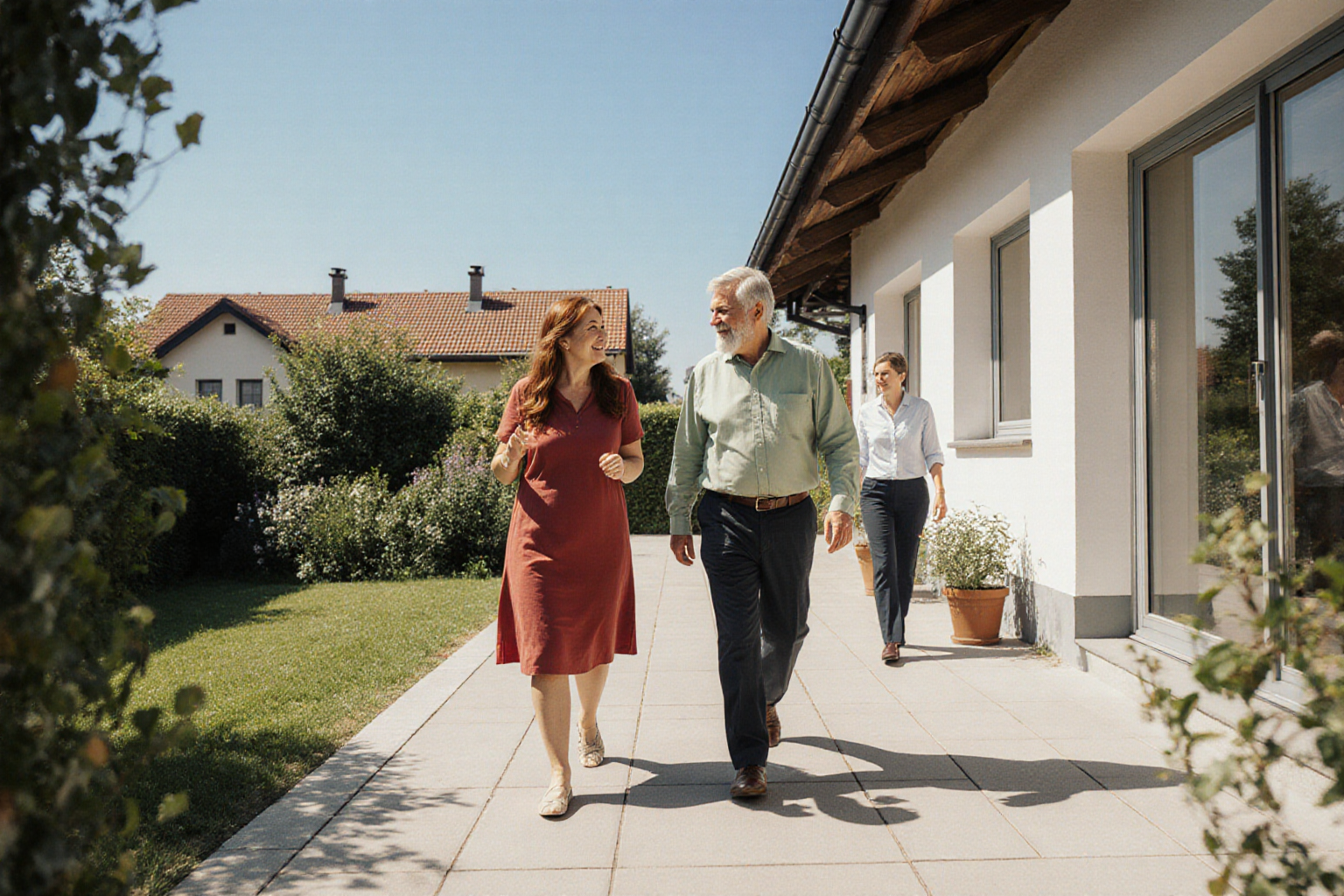 herzlicher Gartenrundgang vor normalem österreichischem Haus, ganze Personen und plausible Hände, klare Architektur und natürliche positive Stimmung